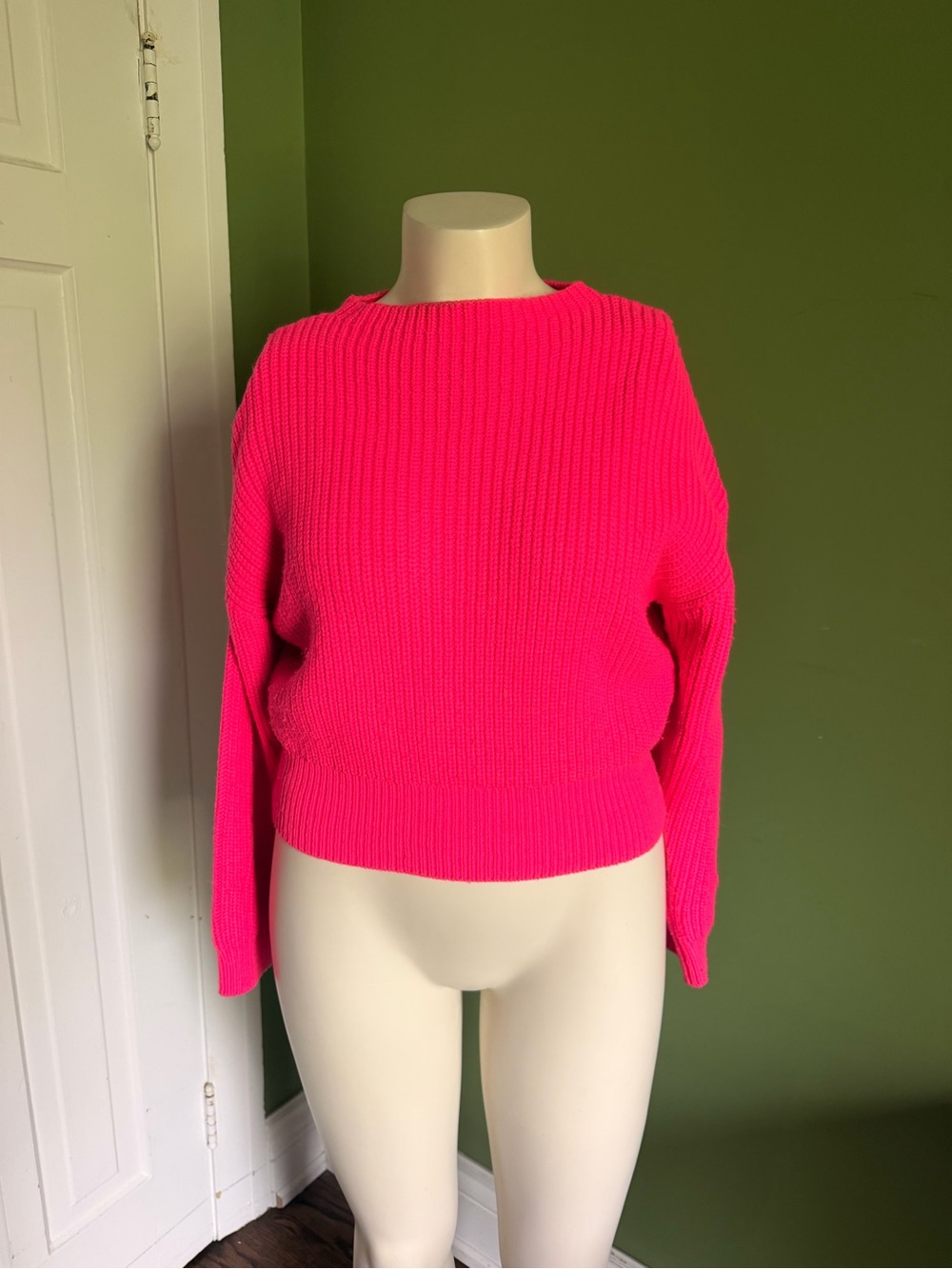 Zara Hot Pink Ribbed Crewneck Wool Blend Sweater